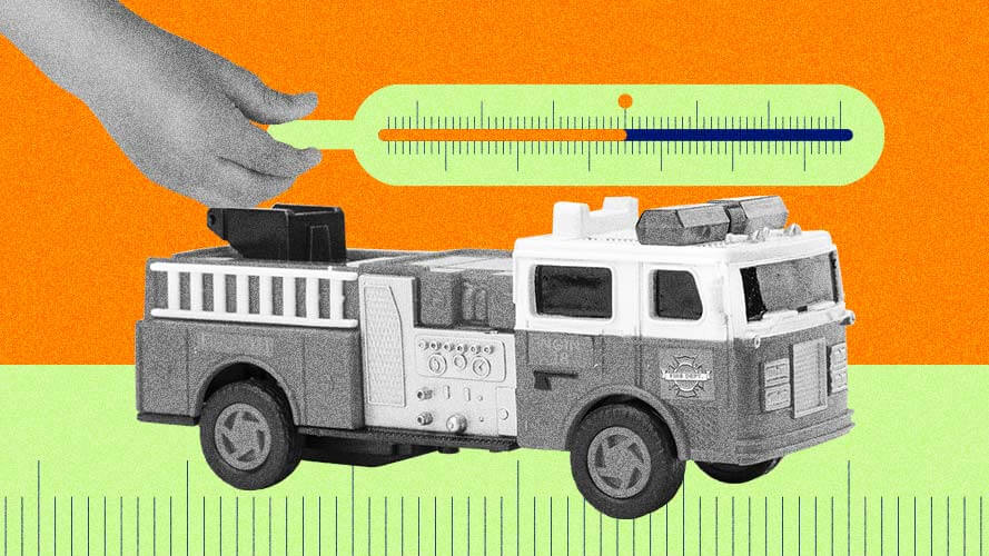 Ilustração mostra brinquedo de carro de bombeiros e uma mão infantil segurando um termômetro